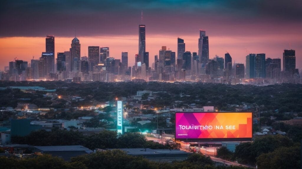 A local billboard featuring a city skyline in the background.