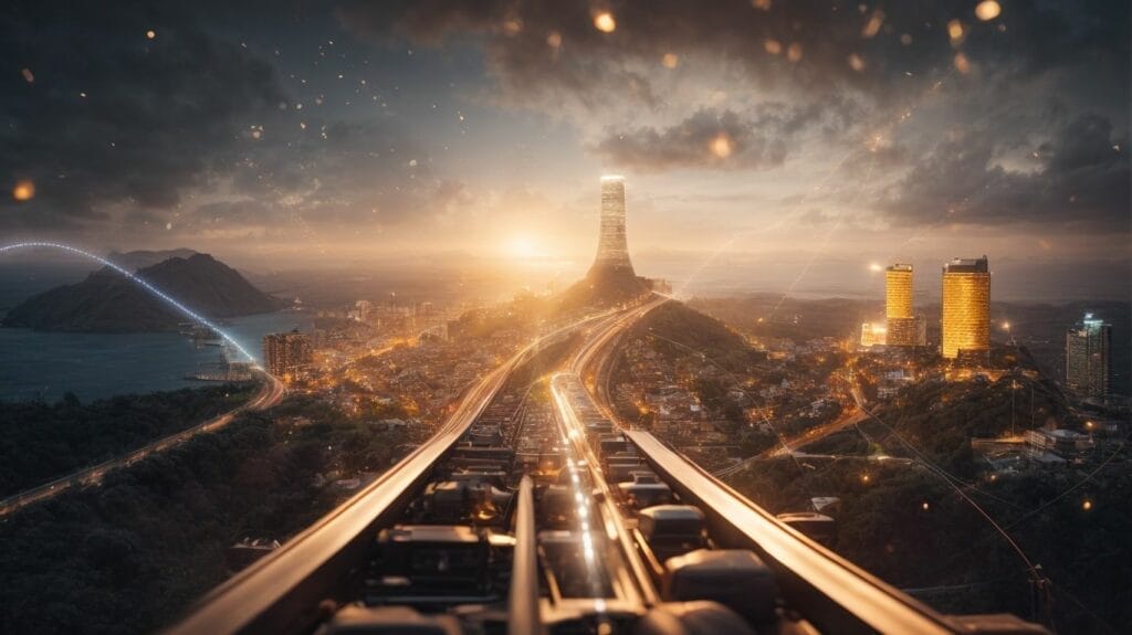 An image showcasing the convergence of urban landscapes and natural beauty as a train smoothly traverses a vibrant cityscape during the enchanting sunset hour.