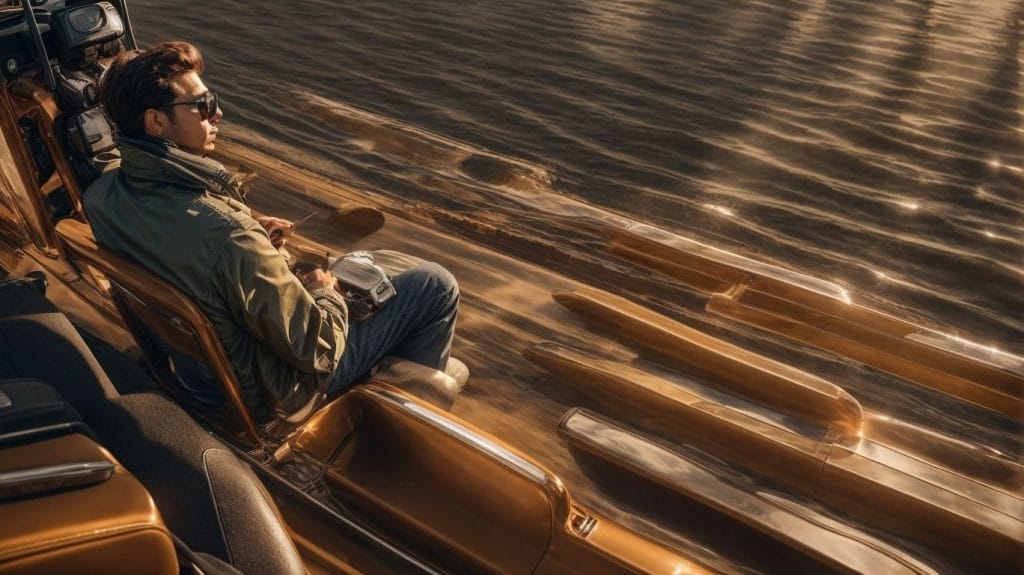 A man sitting in the back seat of a boat, enjoying the serene tranquility of the surroundings while contemplating the dynamics of digital marketing.
