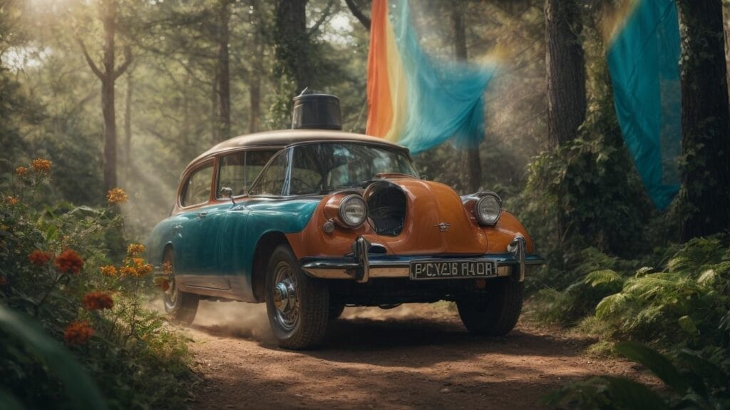 A digital advertisement displaying an old car driving through a forest with a rainbow in the background.
