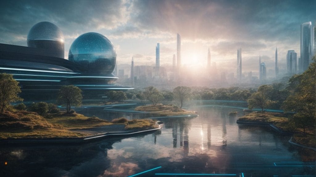 A futuristic city with a river in the background, showcasing the perfect digital marketing strategy.